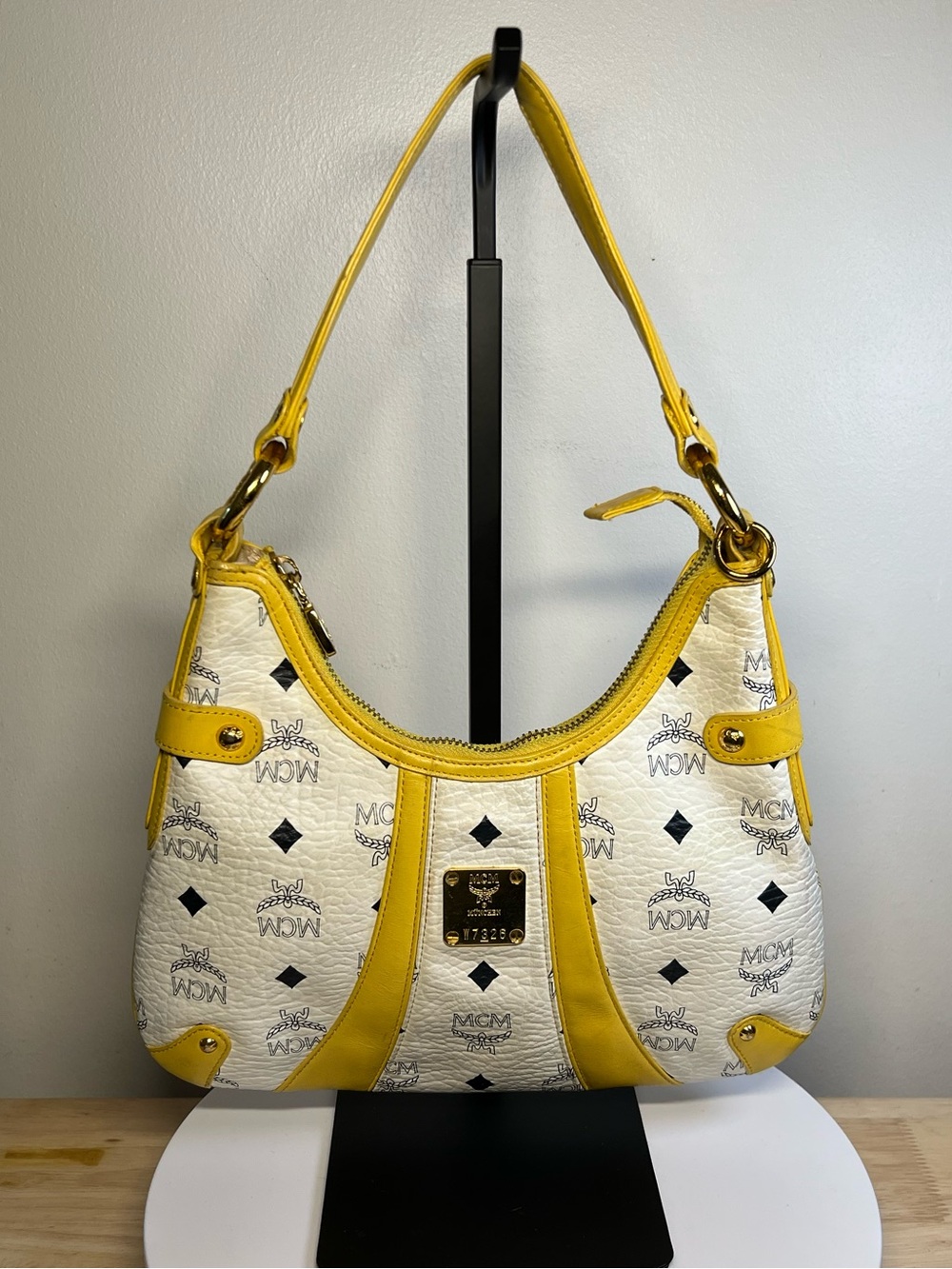 MCM White & Yellow Logo Hobo Shoulder Bag EUC